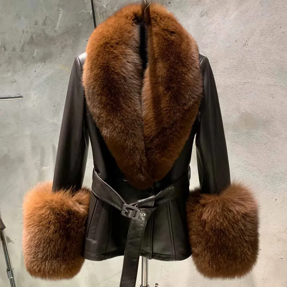 Lambskin Leather Coat with Fox Fur Collar & Cuffs
