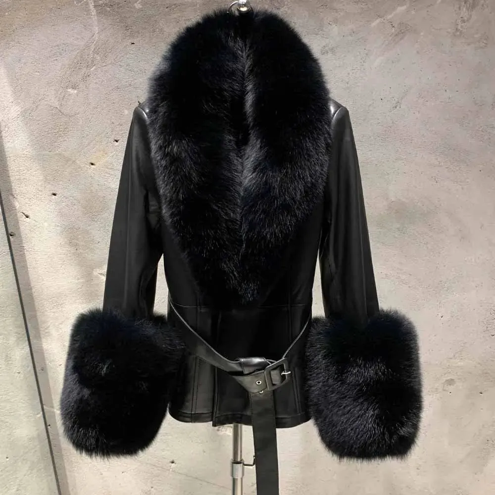 Lambskin Leather Coat with Fox Fur Collar & Cuffs