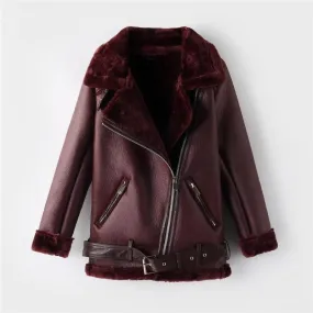 Leather Faux Fur Thicken Warm Slim Coat