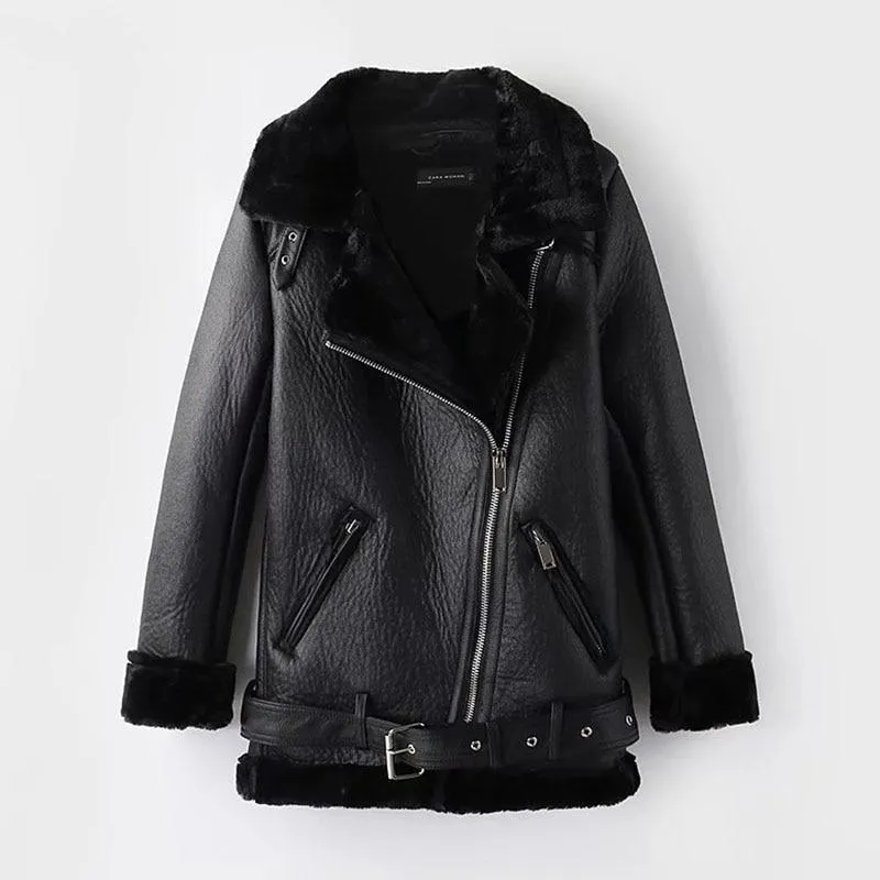 Leather Faux Fur Thicken Warm Slim Coat