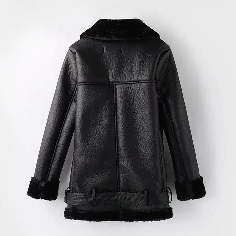 Leather Faux Fur Thicken Warm Slim Coat