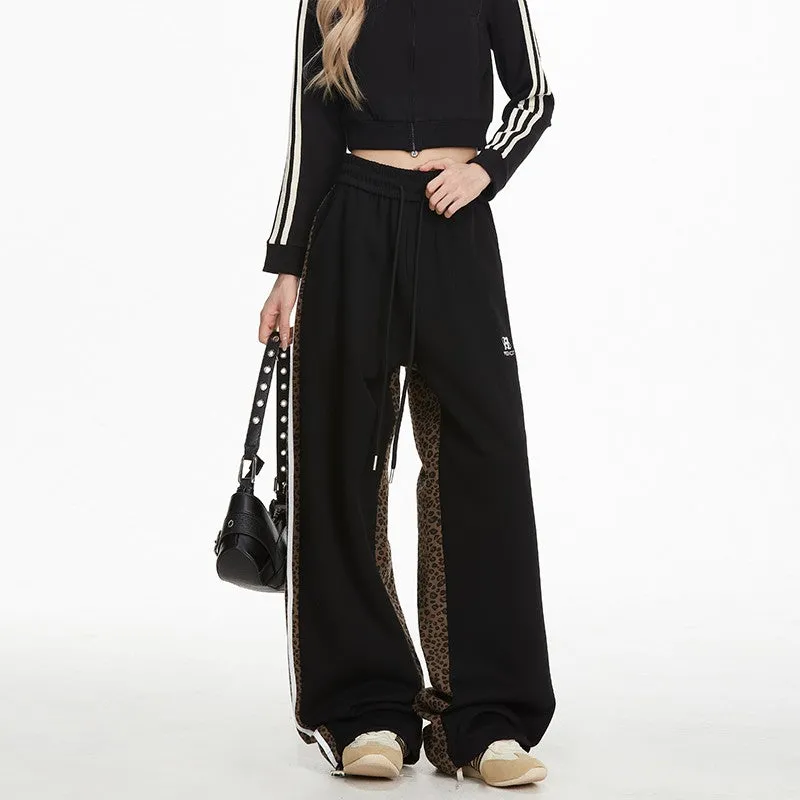 Leopard print stitching sweatpants women's hip-hop loose fit striped sports casual pants