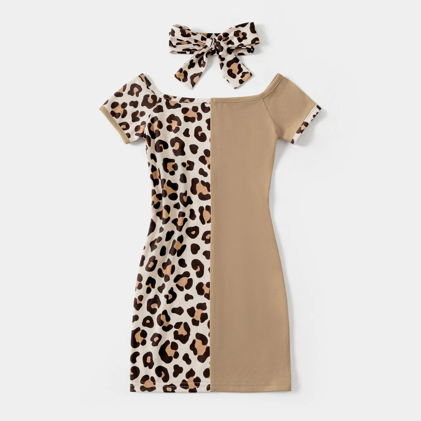 Leopard Splice Short-sleeve Matching Khaki Midi Dresses