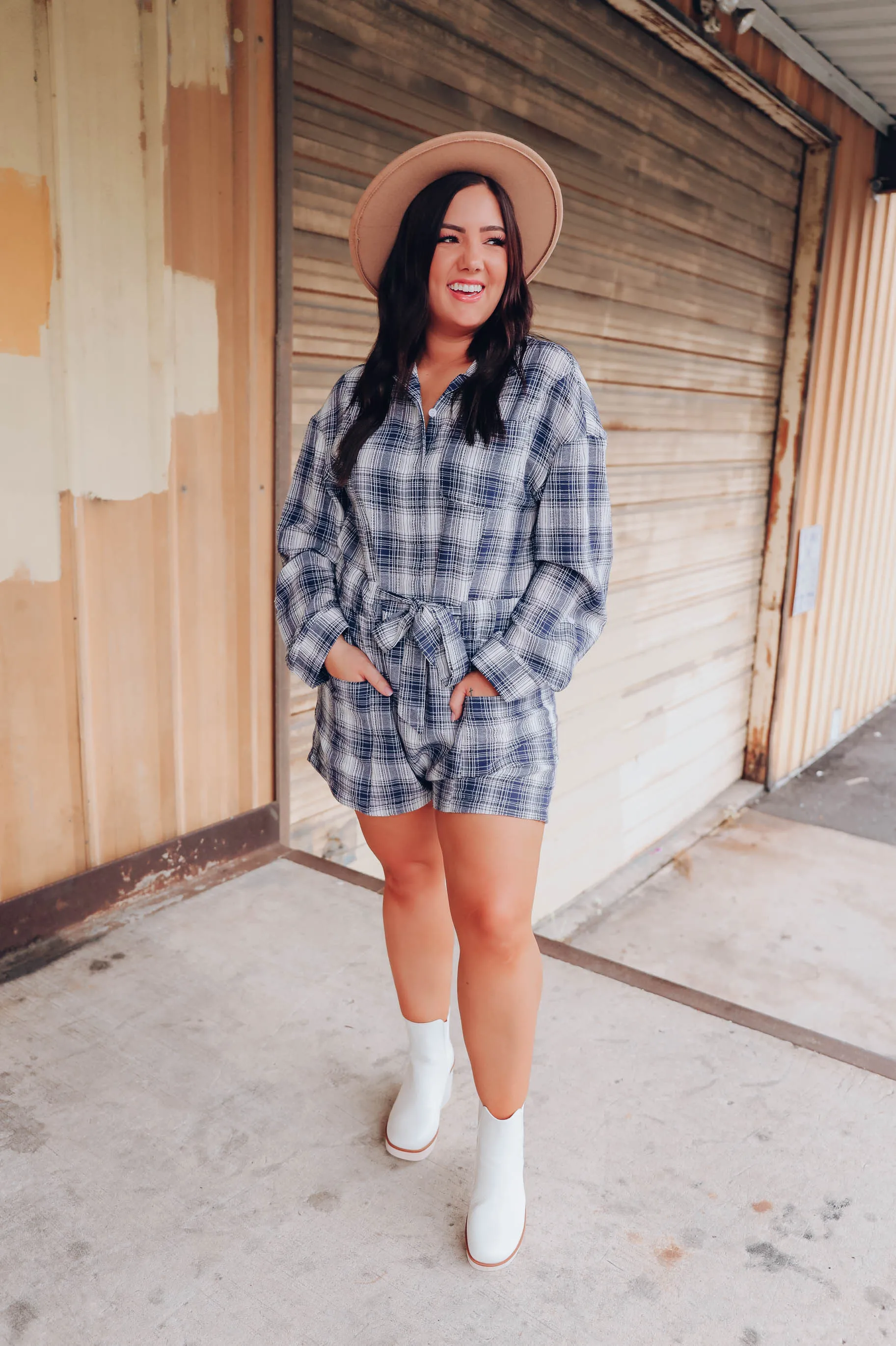Living Easy Plaid Pocketed Romper - Navy