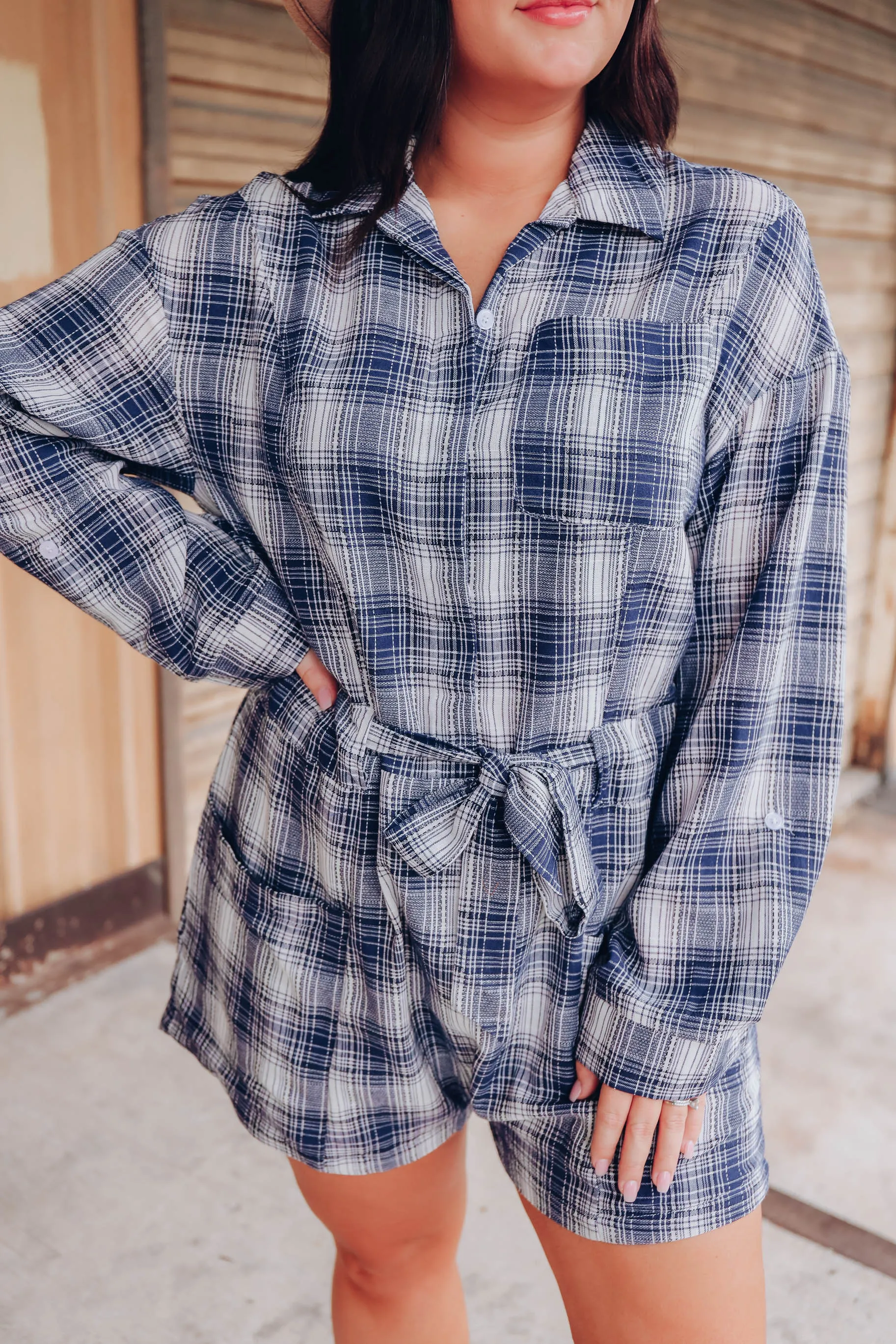 Living Easy Plaid Pocketed Romper - Navy