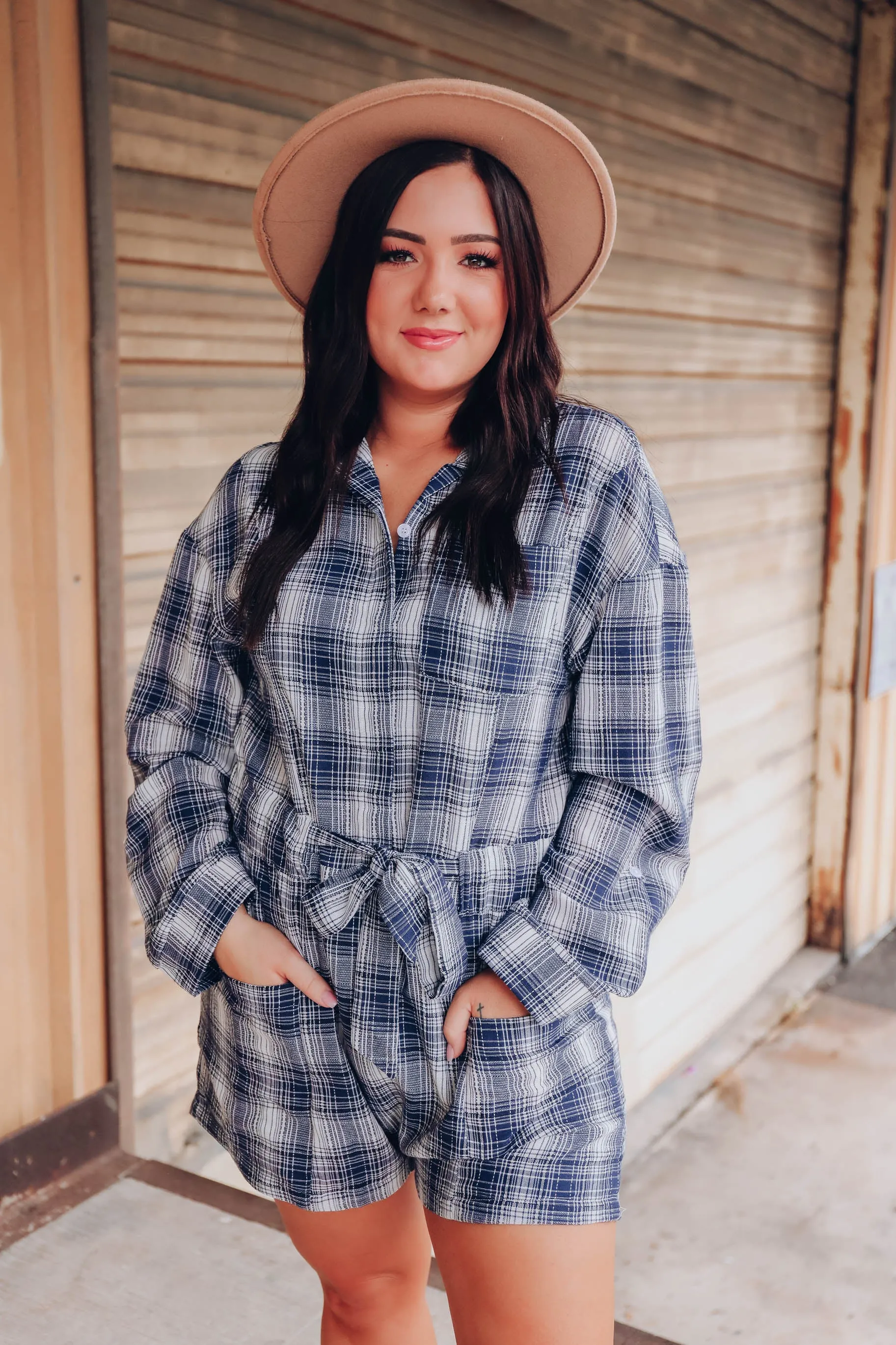 Living Easy Plaid Pocketed Romper - Navy