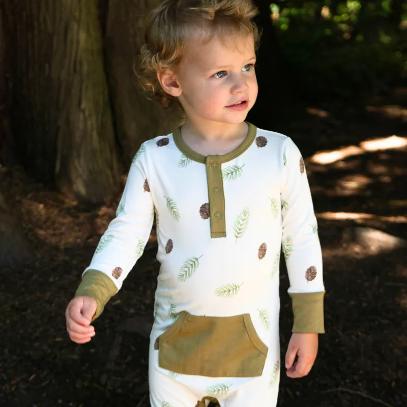 Long Sleeve Pocket Romper - Pine Cones