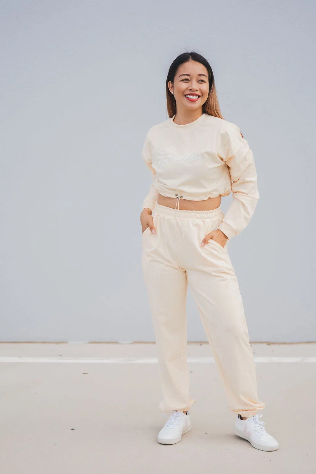 Loungewear Drawstring Cropped Jumper - Apricot