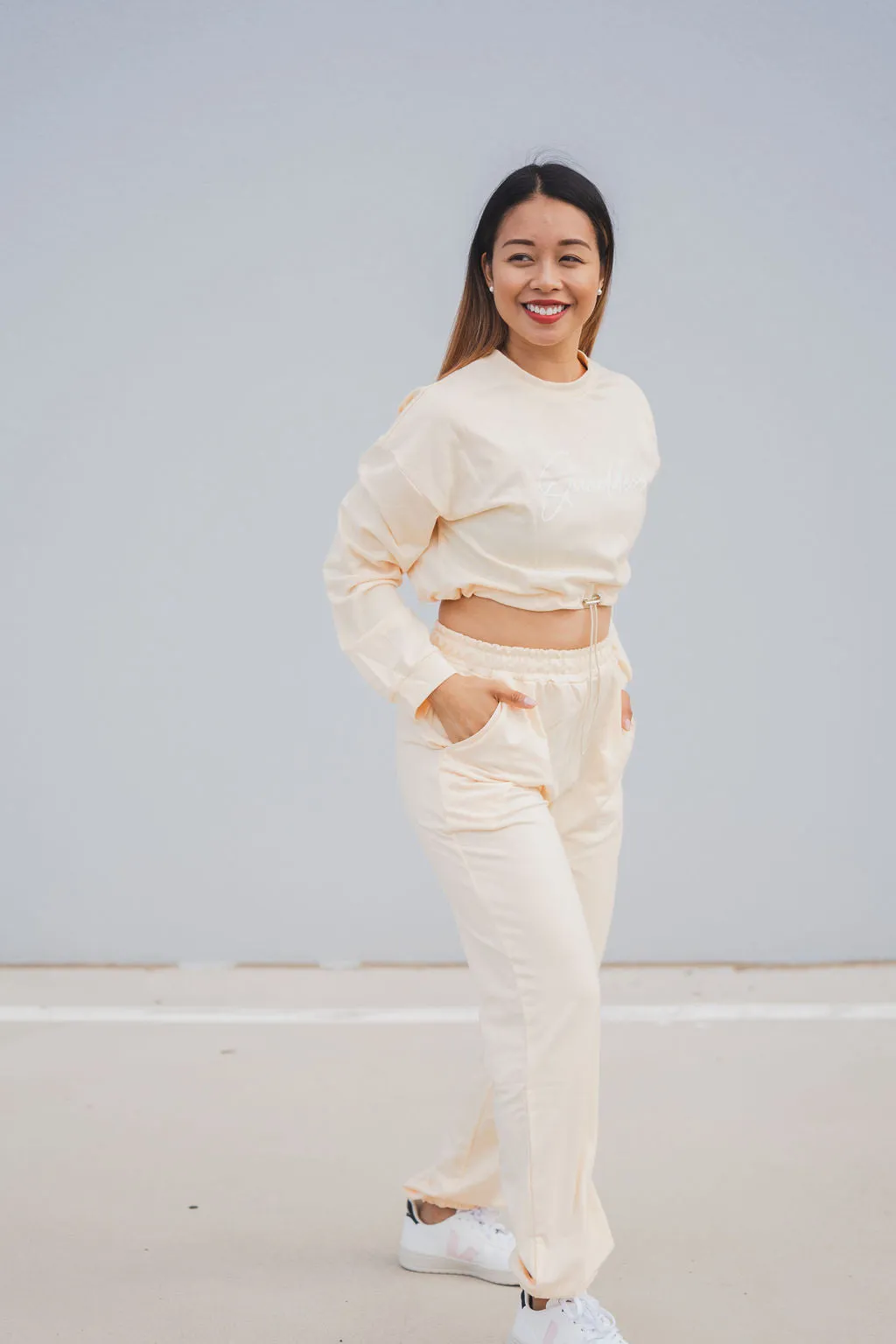 Loungewear Drawstring Cropped Jumper - Apricot