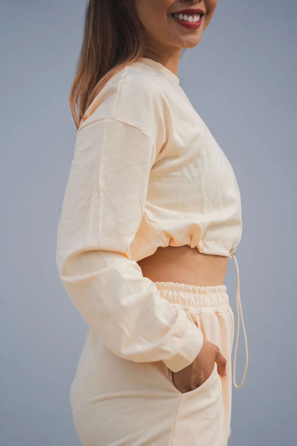 Loungewear Drawstring Cropped Jumper - Apricot