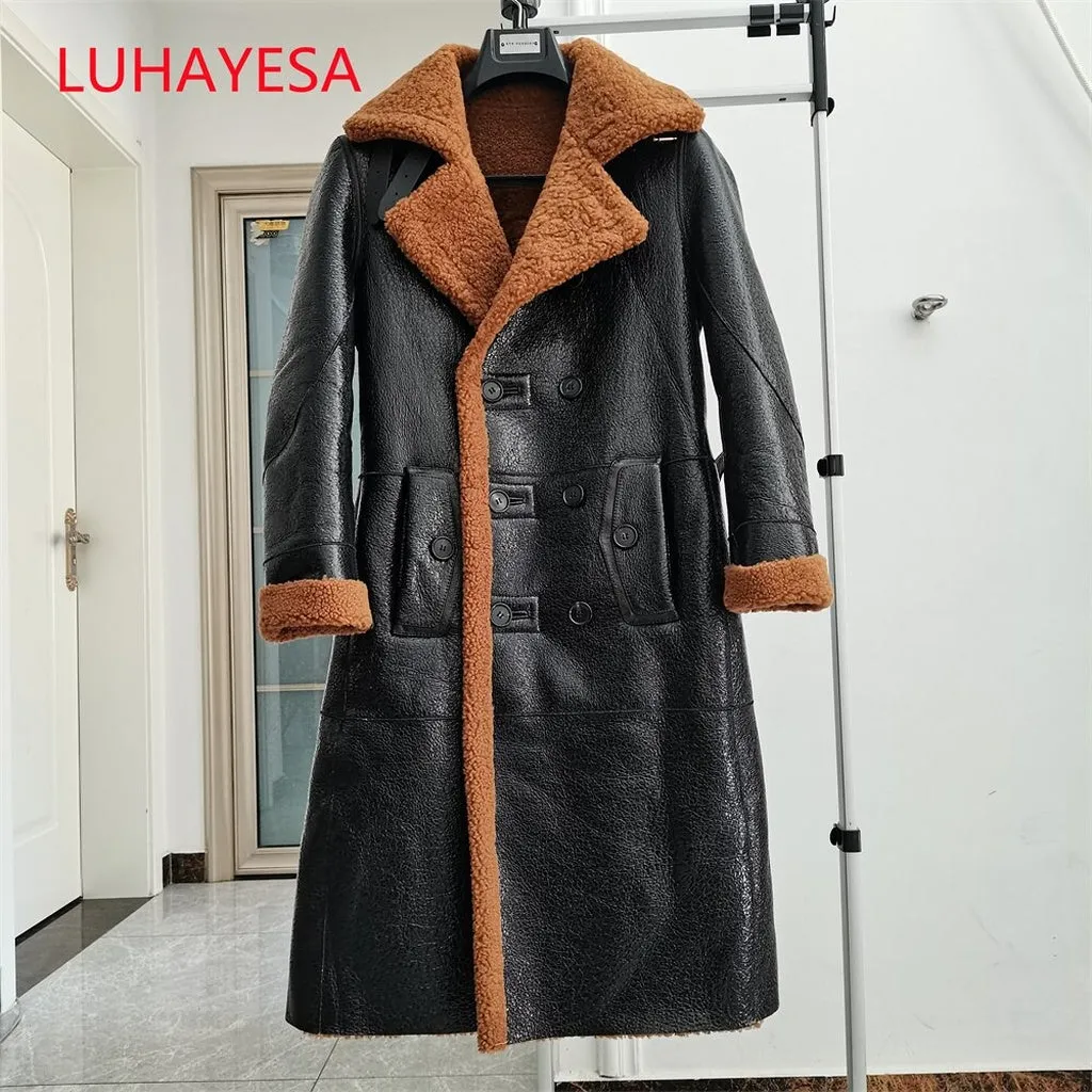 Luxury Men's Sheepskin Coat Genuine Leather Male Formal Casual Winter Long Thick Jacket Sheepskin Shearling Men Fur Outwear 5XL