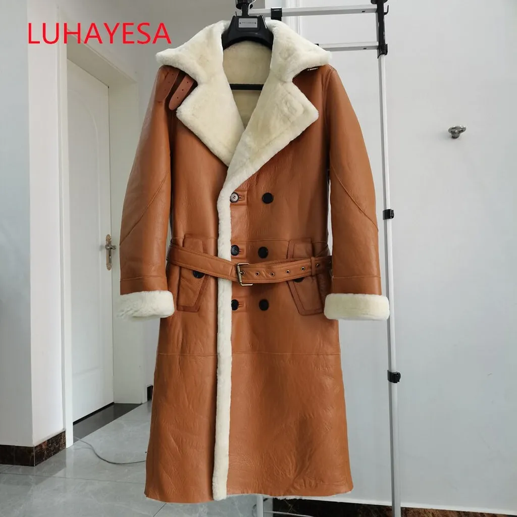 Luxury Men's Sheepskin Coat Genuine Leather Male Formal Casual Winter Long Thick Jacket Sheepskin Shearling Men Fur Outwear 5XL