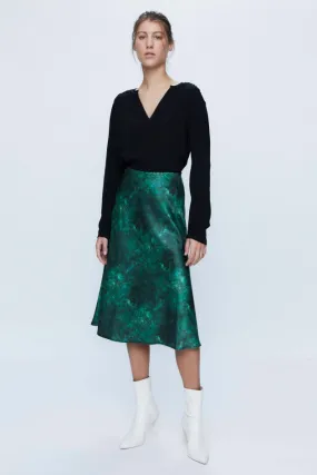 Malachite Satin Bias Cut Midi Skirt - Green