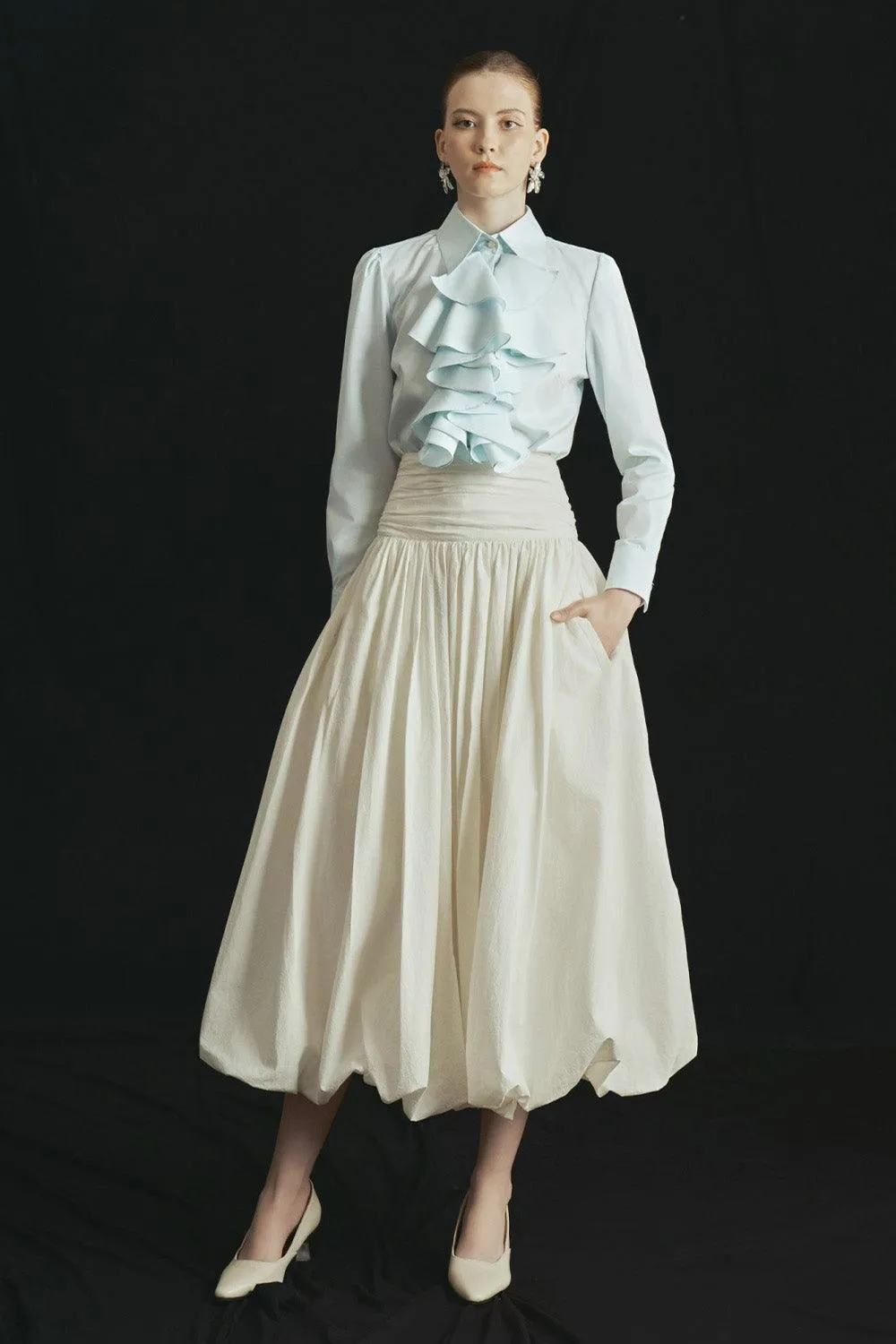 Marina Bubble Gathered Organic Cotton Midi Skirt