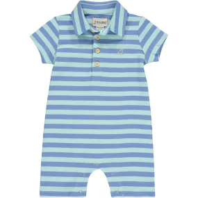 Me & Henry Wave Polo Romper in Blue / Aqua Pique Stripe