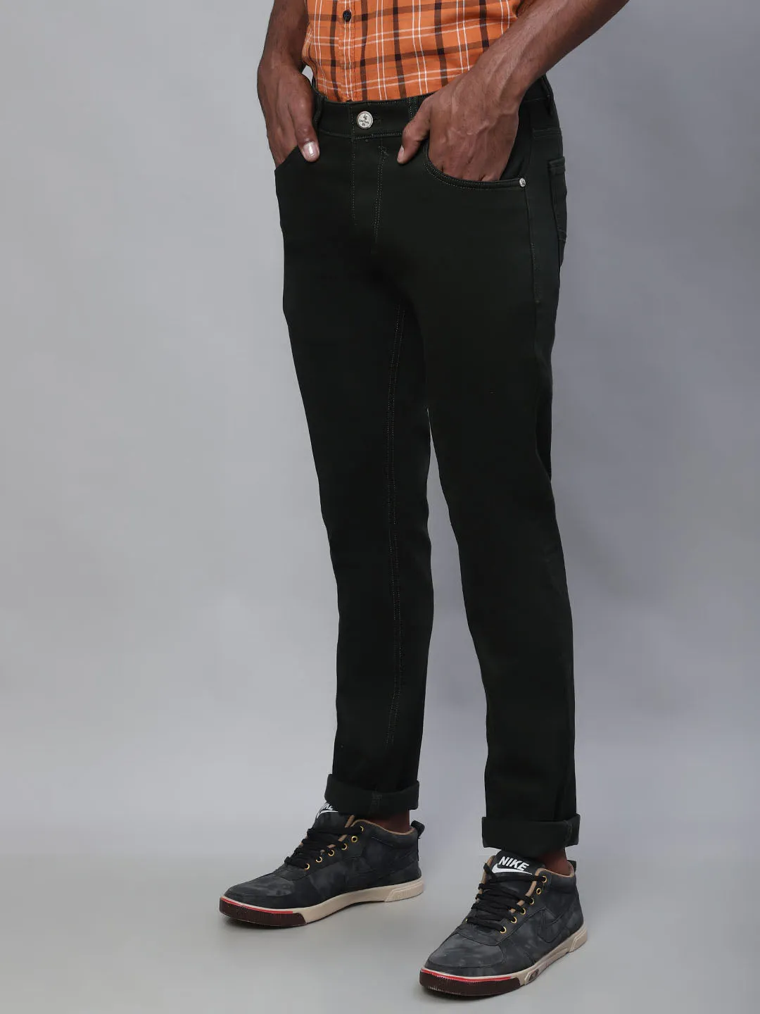 Men's Casual Flat front Dark Military Green  Trousers