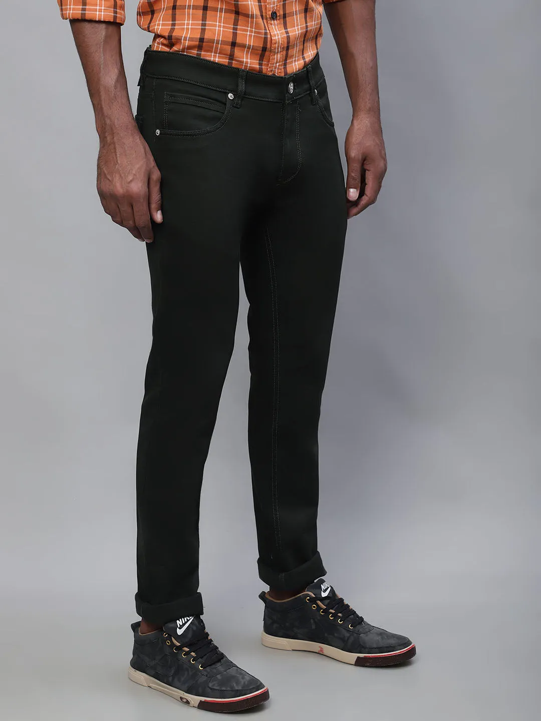 Men's Casual Flat front Dark Military Green  Trousers