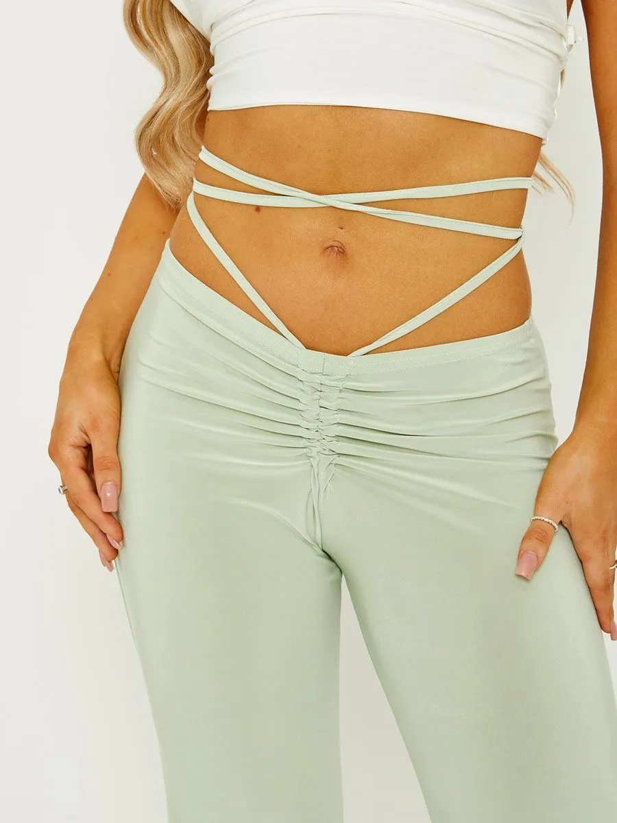 Micia Slinky Ruched Tie Waist Wide Leg Trousers In Green