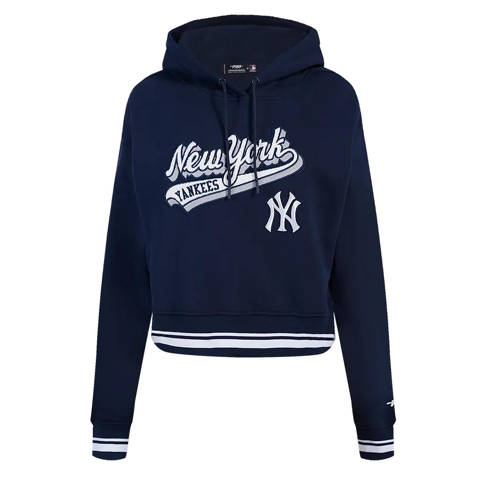 MLB NEW YORK YANKEES SCRIPT TAIL WOMEN'S RIB FLC CROPPED PO HOODIE (MIDNIGHT NAVY)