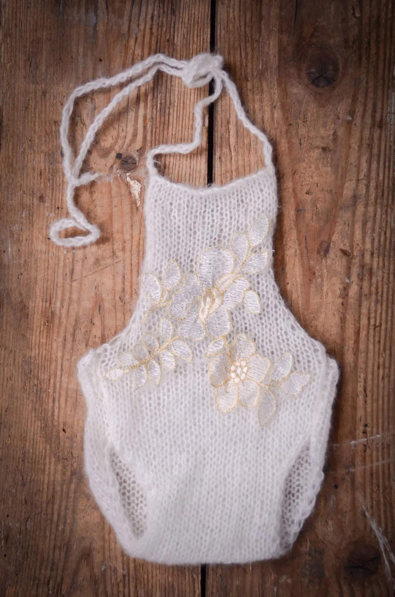 Mohair Knit Romper with Flowers - Milk White
