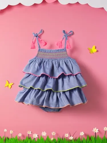 Nauti nati Baby Girls Blue Embroidered Layered Square Neck Smocking Pure Cotton Casual Dress Above The Knee NN321-016