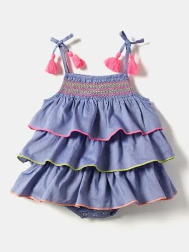 Nauti nati Baby Girls Blue Embroidered Layered Square Neck Smocking Pure Cotton Casual Dress Above The Knee NN321-016