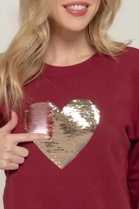 Oversized Sequin Heart Sweatshirt in Dk. Wine