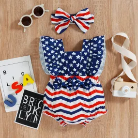 Pentagram Patchwork Stripe Double Butterfly Romper