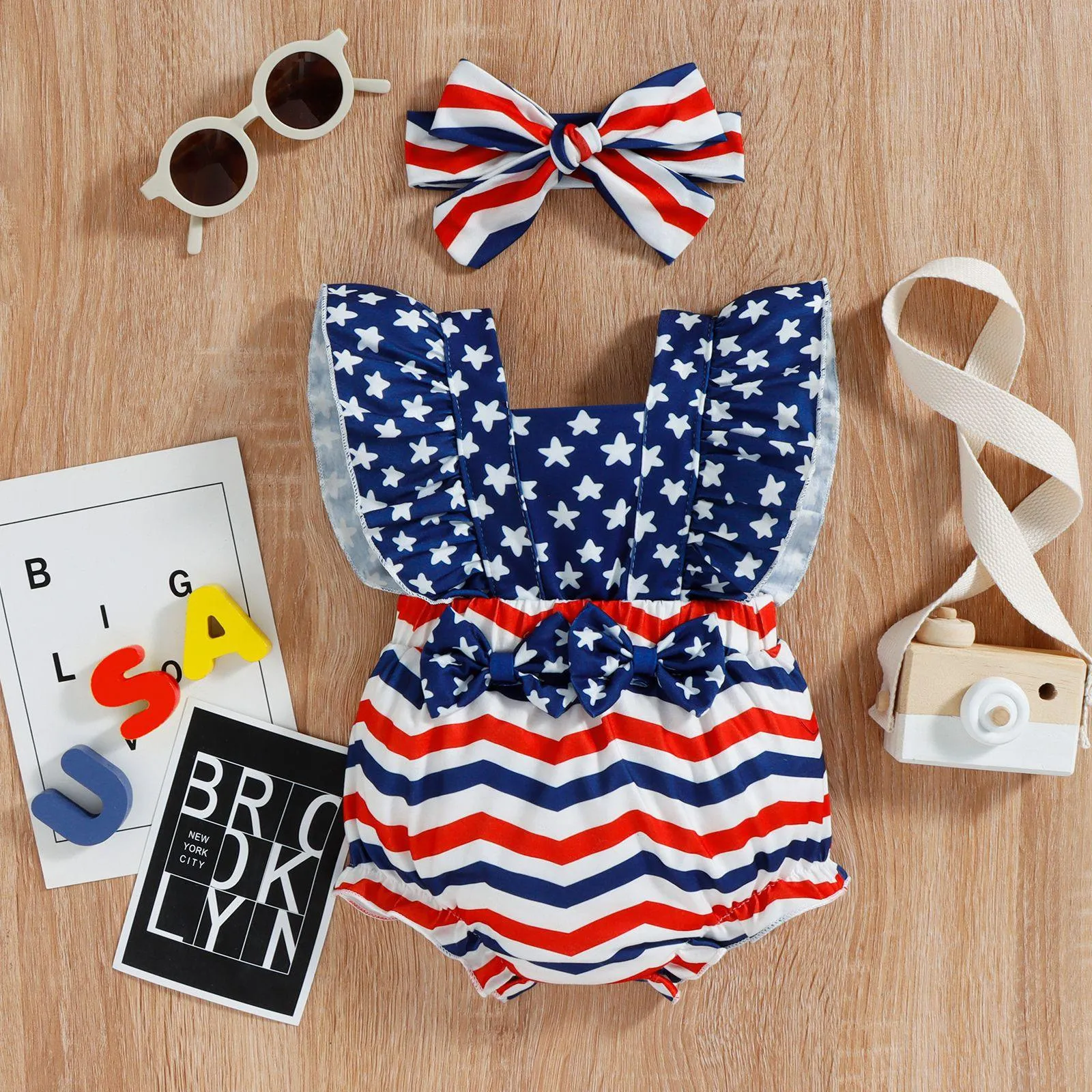 Pentagram Patchwork Stripe Double Butterfly Romper