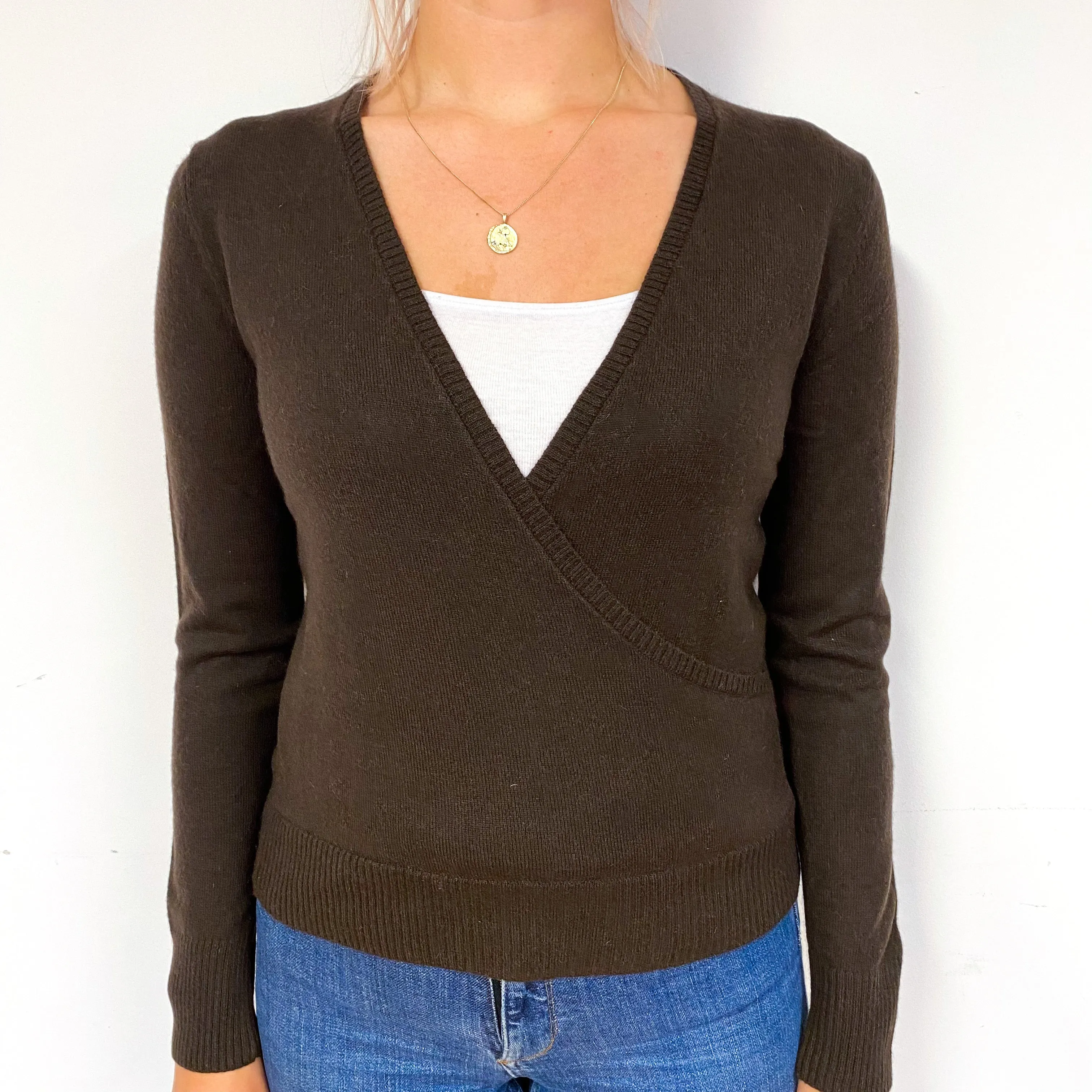 Peppercorn Brown Cashmere Cross Over V-Neck Jumper Small