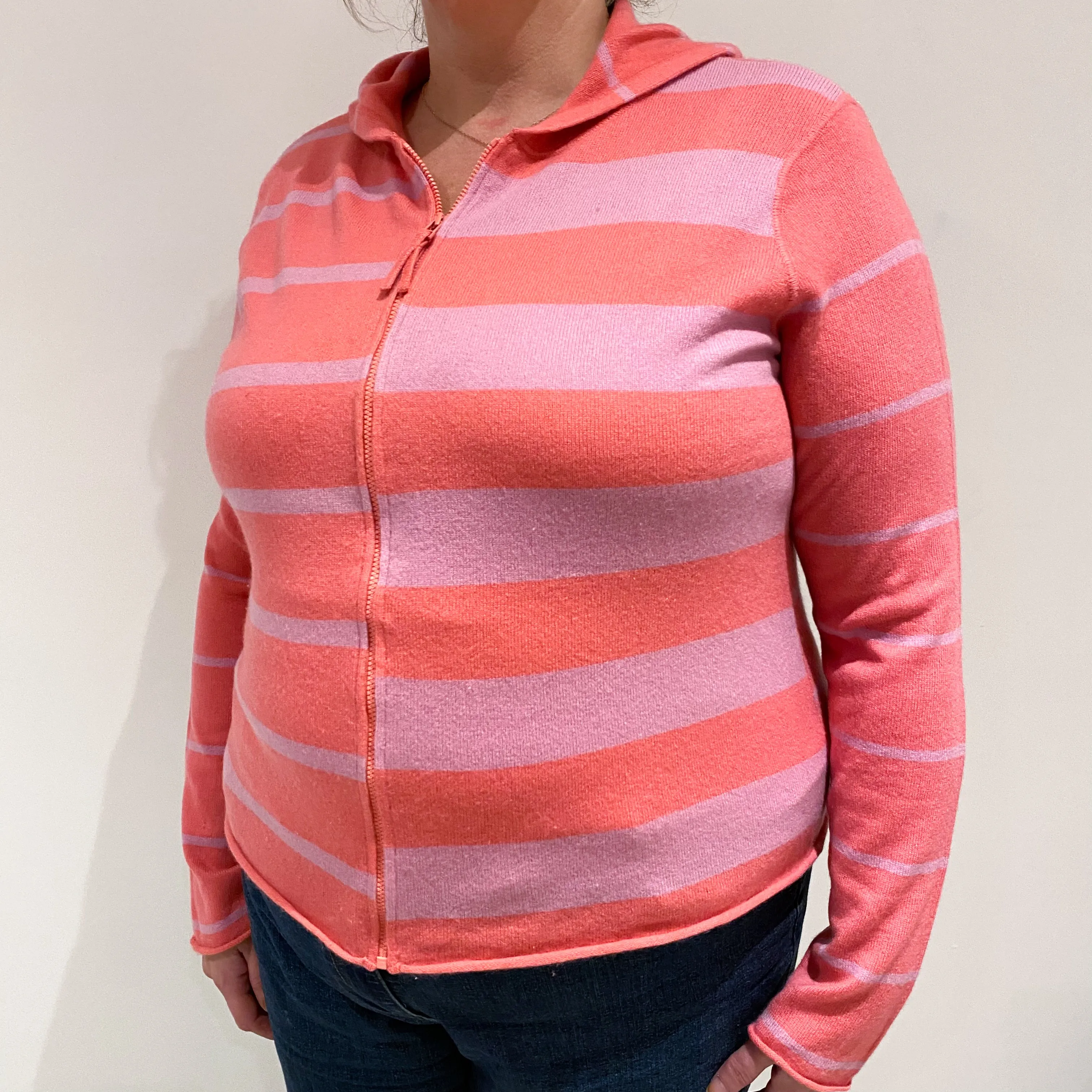 Pink and Mauve Stripe Cashmere Zip Up Hoodie Extra Large