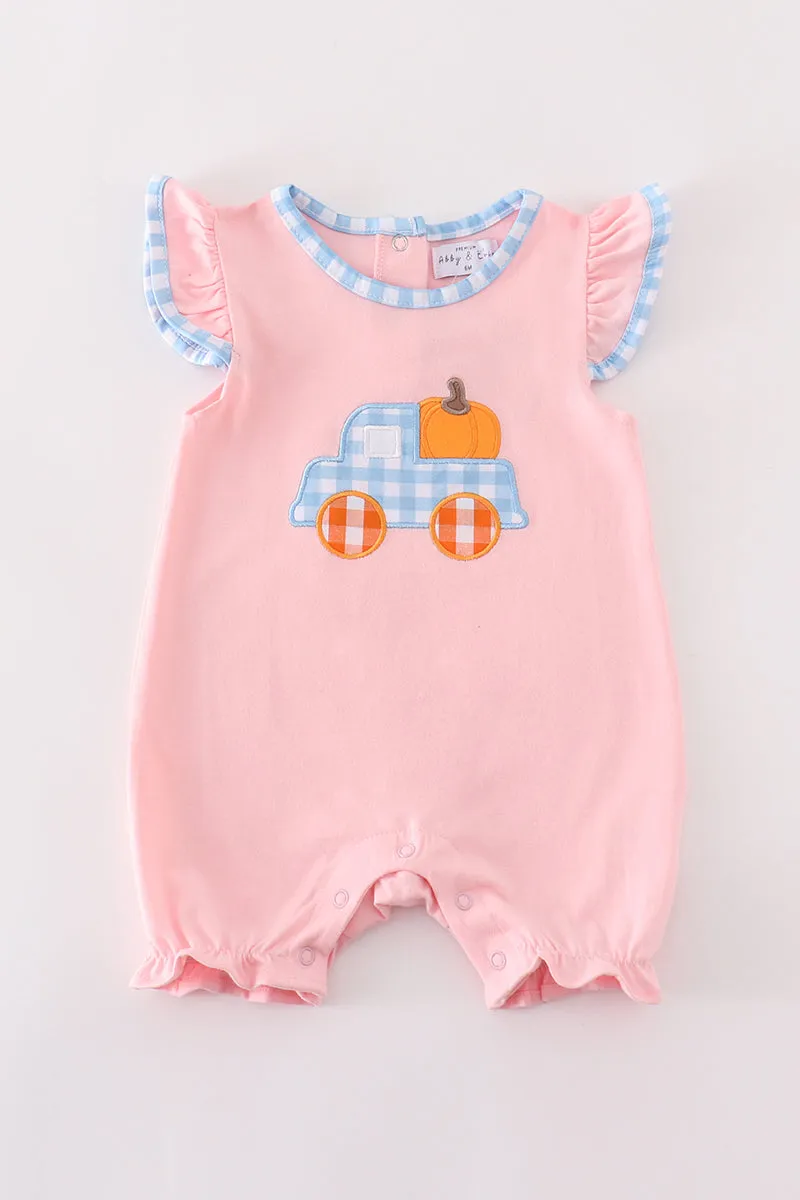 Pink Truck Pumpkin Embroidery Girl Romper