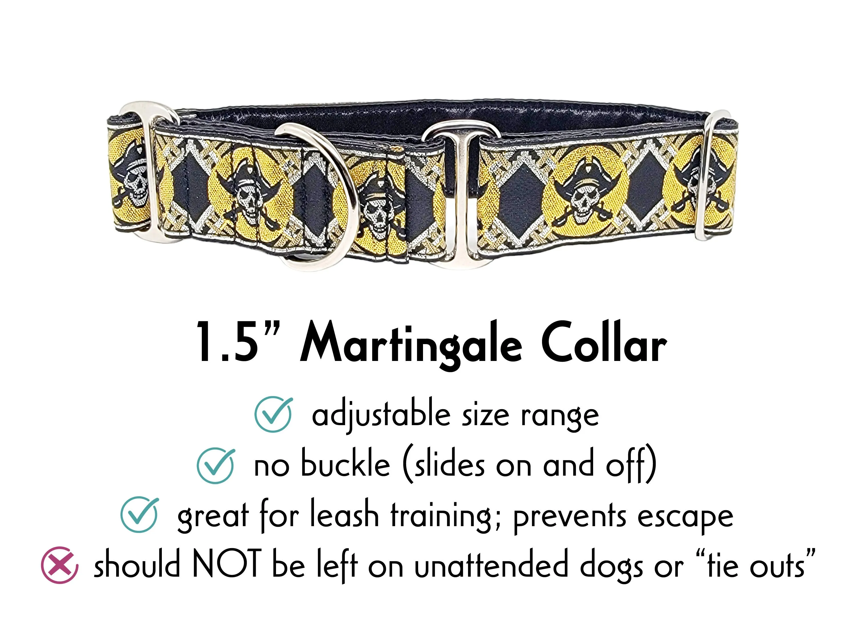 Pirates in Metallic Gold & Silver - Martingale or Buckle Dog Collar - 1.5" Width