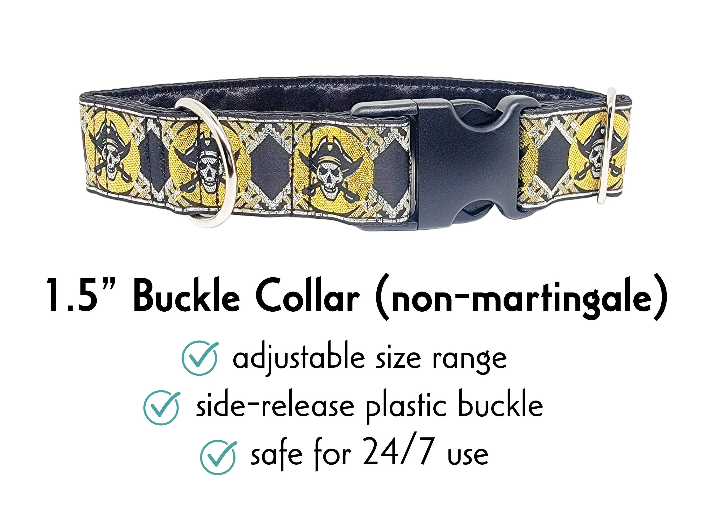 Pirates in Metallic Gold & Silver - Martingale or Buckle Dog Collar - 1.5" Width
