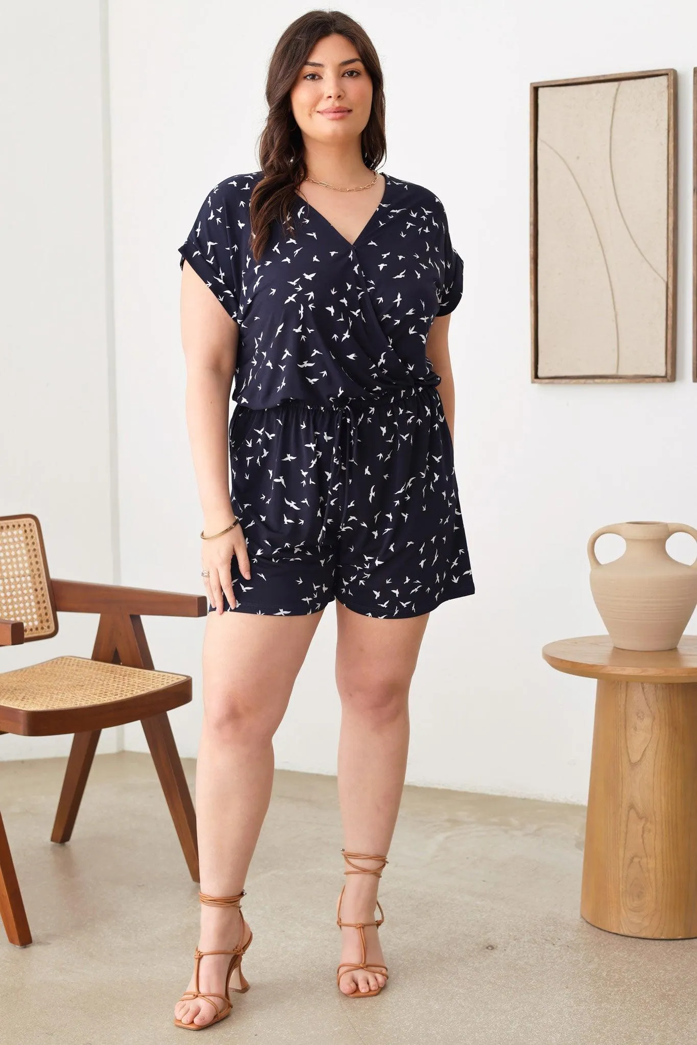 Plus Size Birds Print Short Sleeve Adjustable Belt Warp Romper