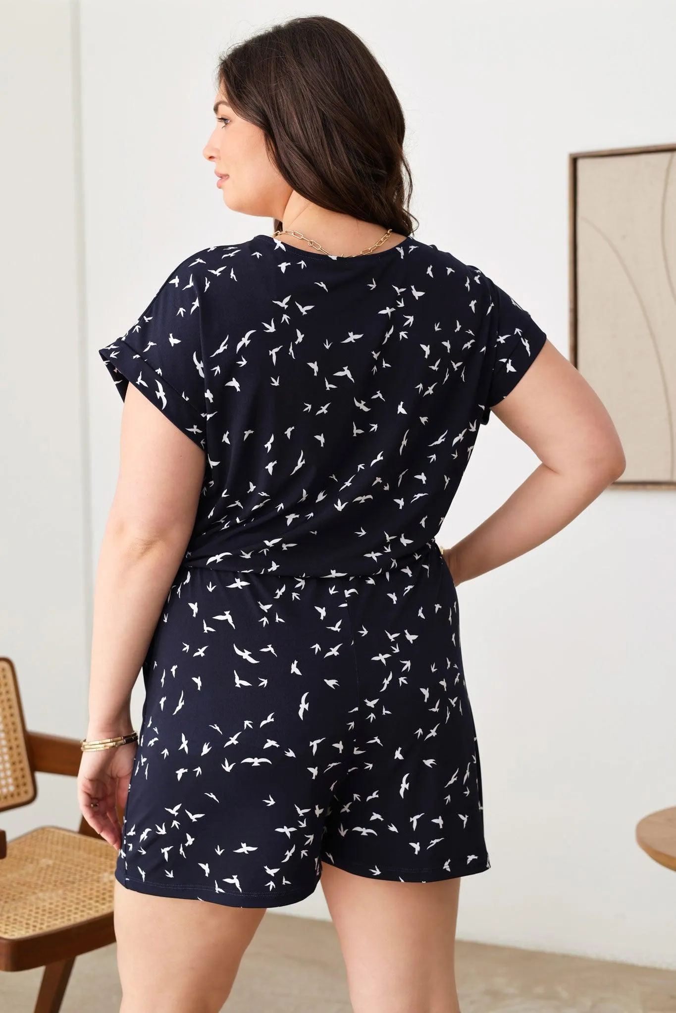 Plus Size Birds Print Short Sleeve Adjustable Belt Warp Romper