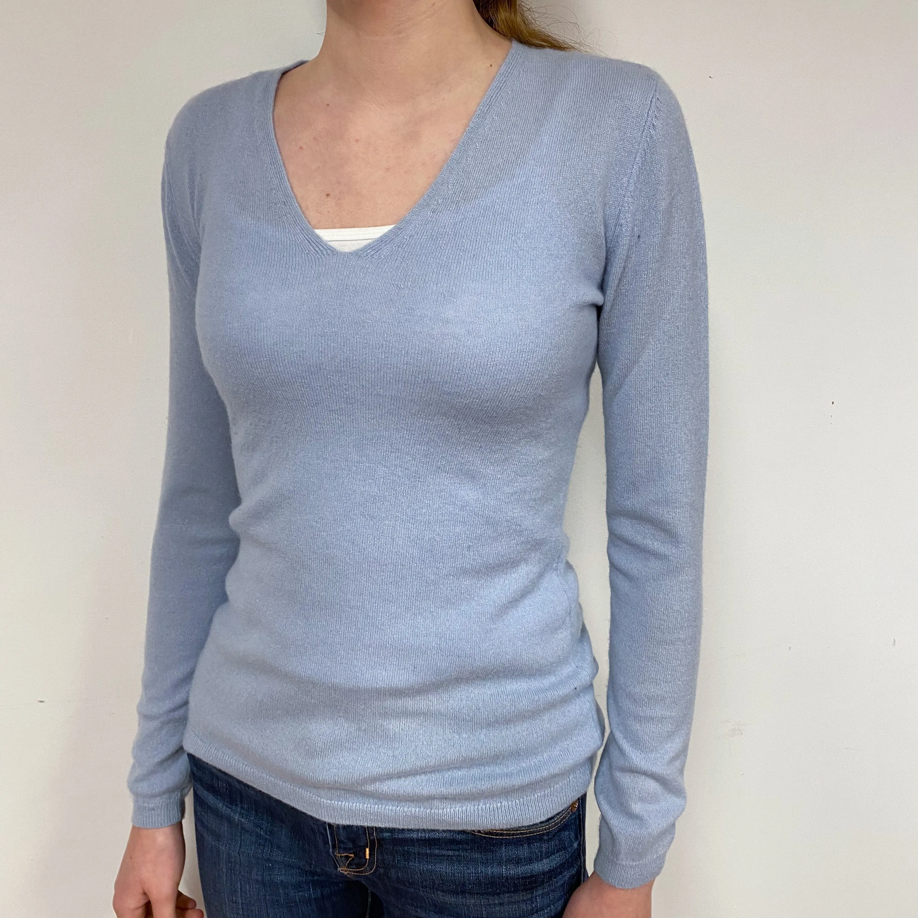 Powder Blue V-Neck Cashmere Jumper Extra Small