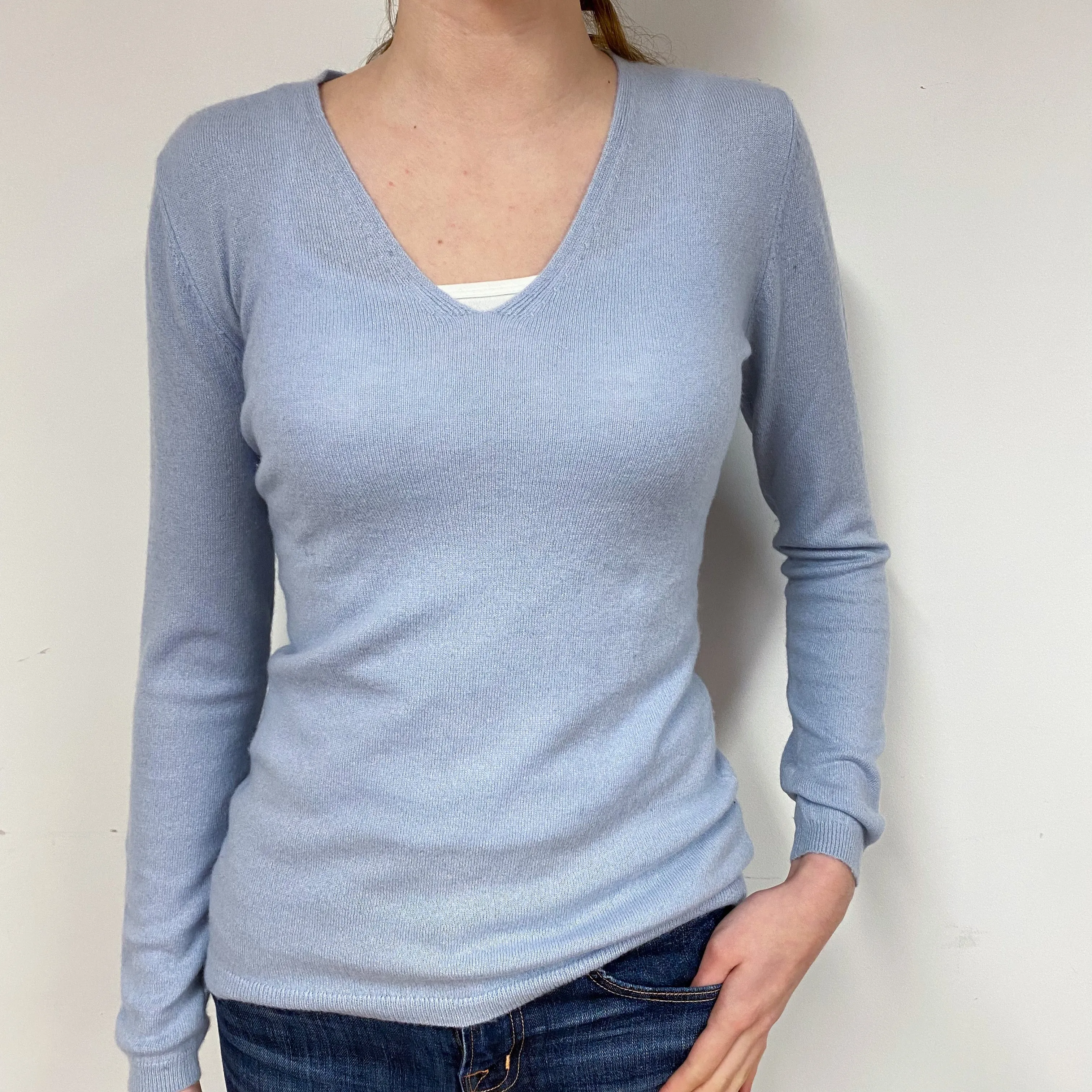 Powder Blue V-Neck Cashmere Jumper Extra Small