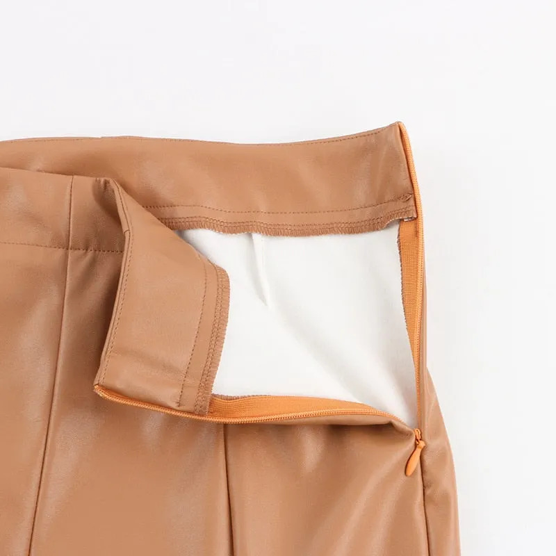 PU Leather Zip Up High Waist Trousers
