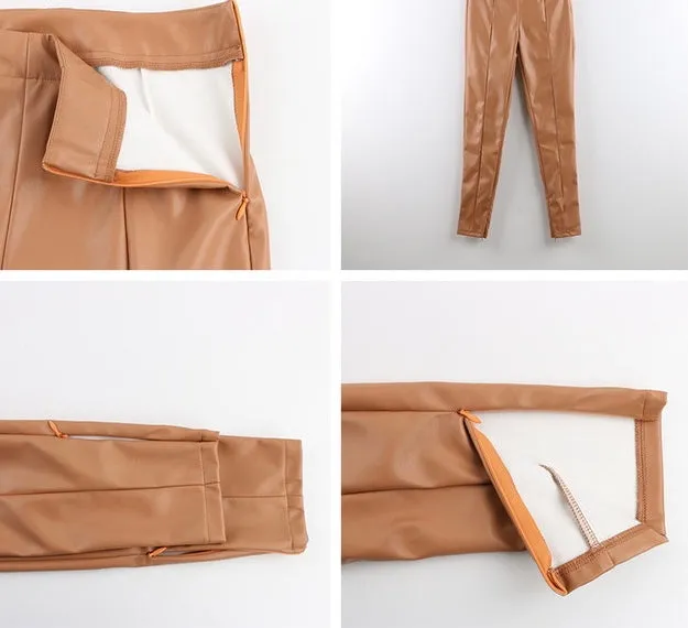 PU Leather Zip Up High Waist Trousers