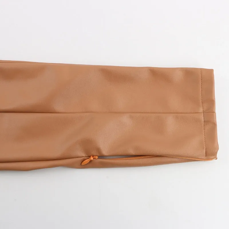 PU Leather Zip Up High Waist Trousers