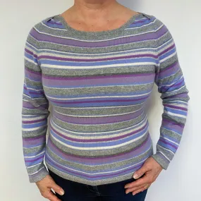 Purple and Grey Stripe Cashmere Crew Neck Jumper Large