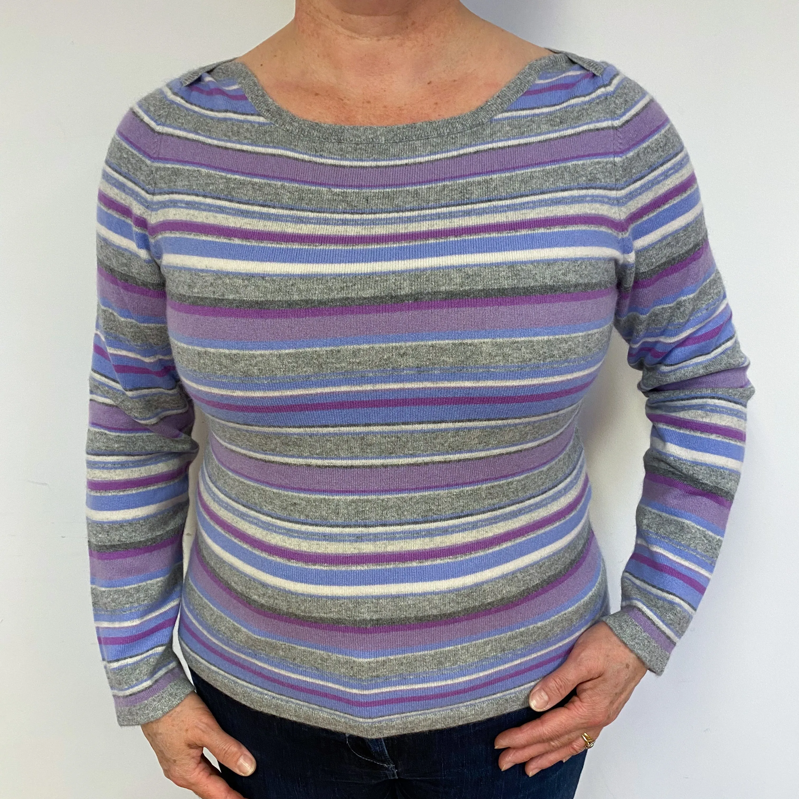 Purple and Grey Stripe Cashmere Crew Neck Jumper Large