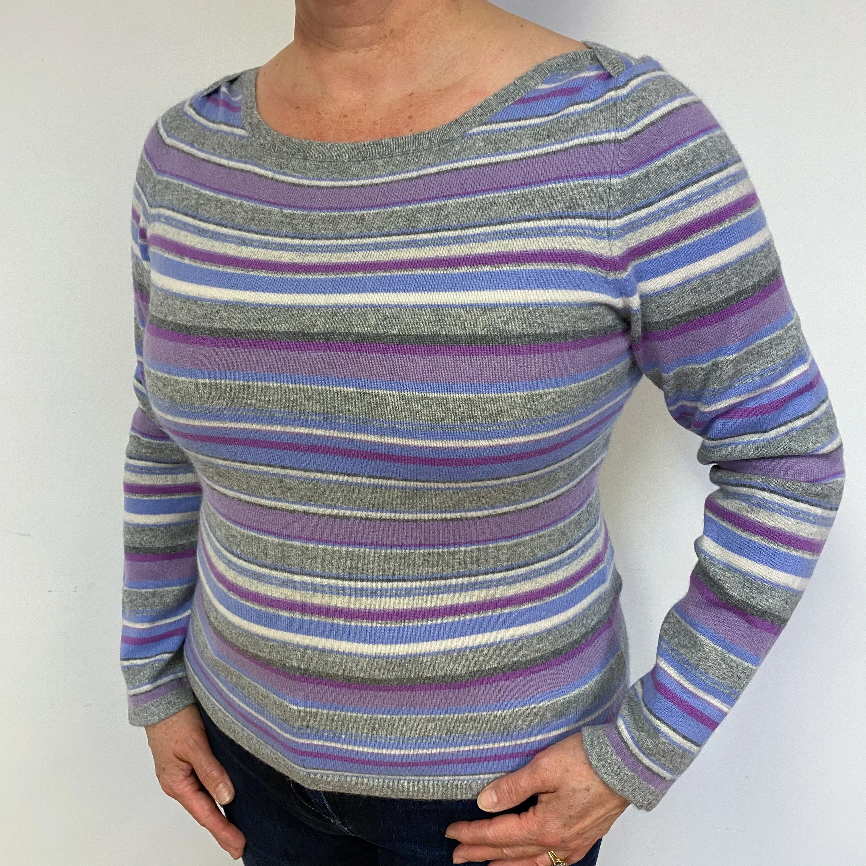 Purple and Grey Stripe Cashmere Crew Neck Jumper Large