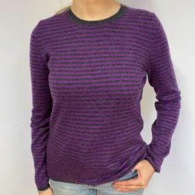 Purple and Grey Stripe Cashmere Crew Neck Jumper Small