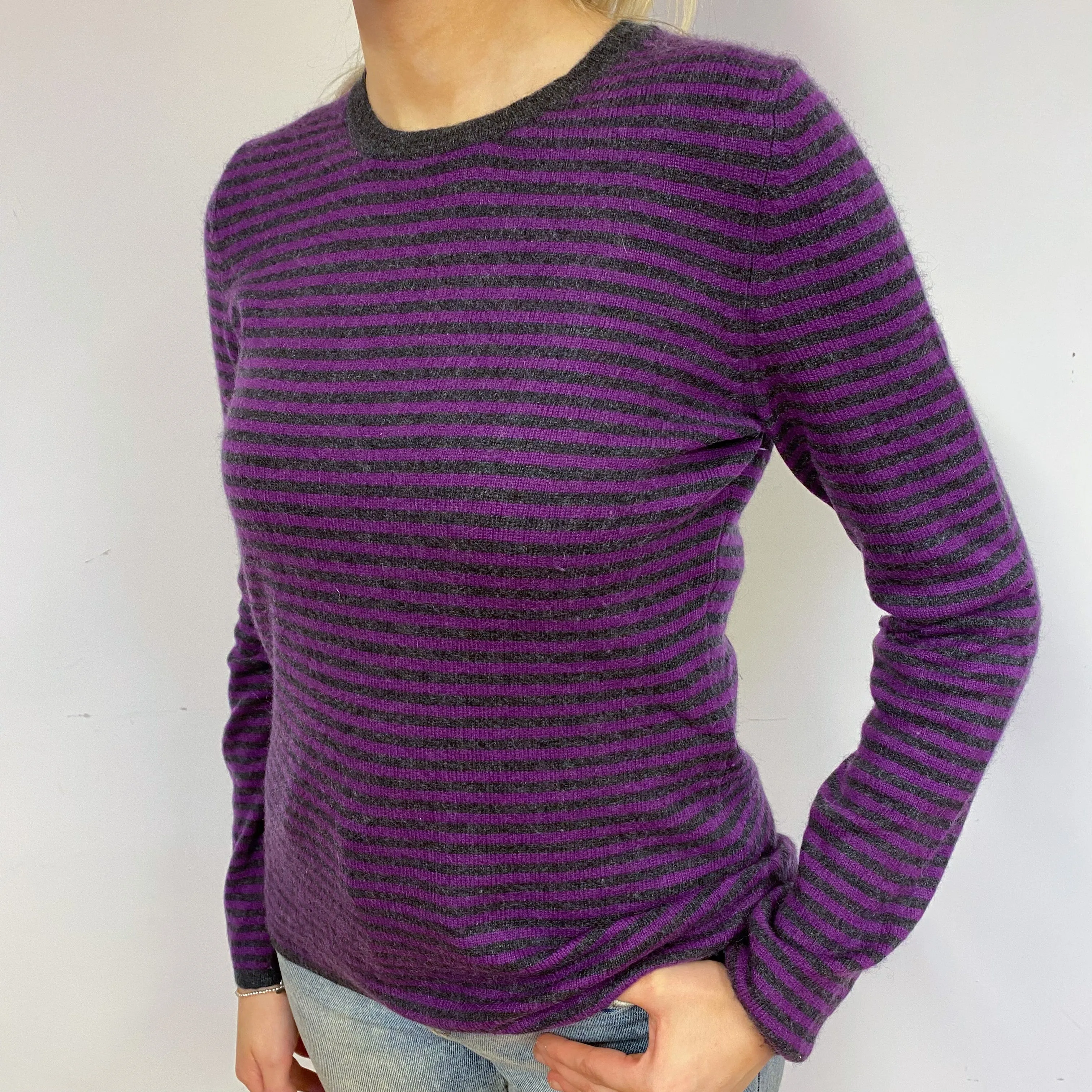 Purple and Grey Stripe Cashmere Crew Neck Jumper Small