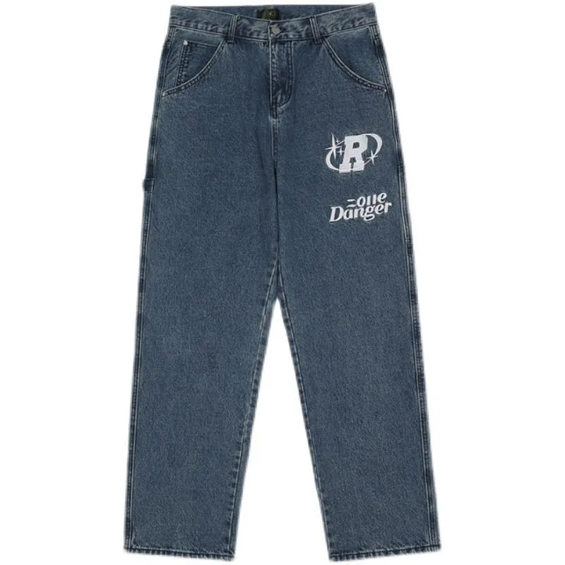retro hip-hop letter embroidery jeans loose straight-leg pants wide-leg pants for men and women couples