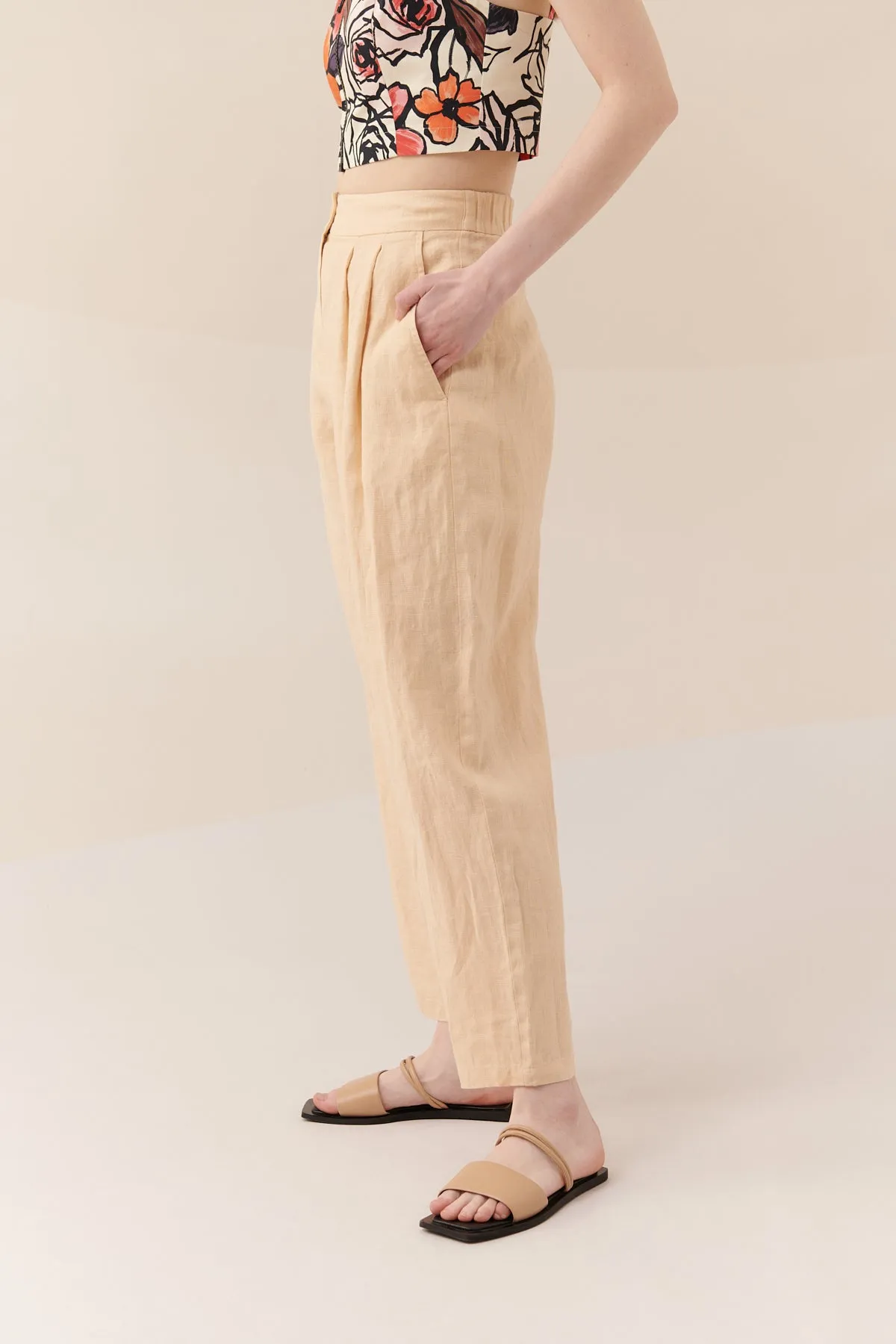 Roman Solid Pleat Detail Trousers Natural