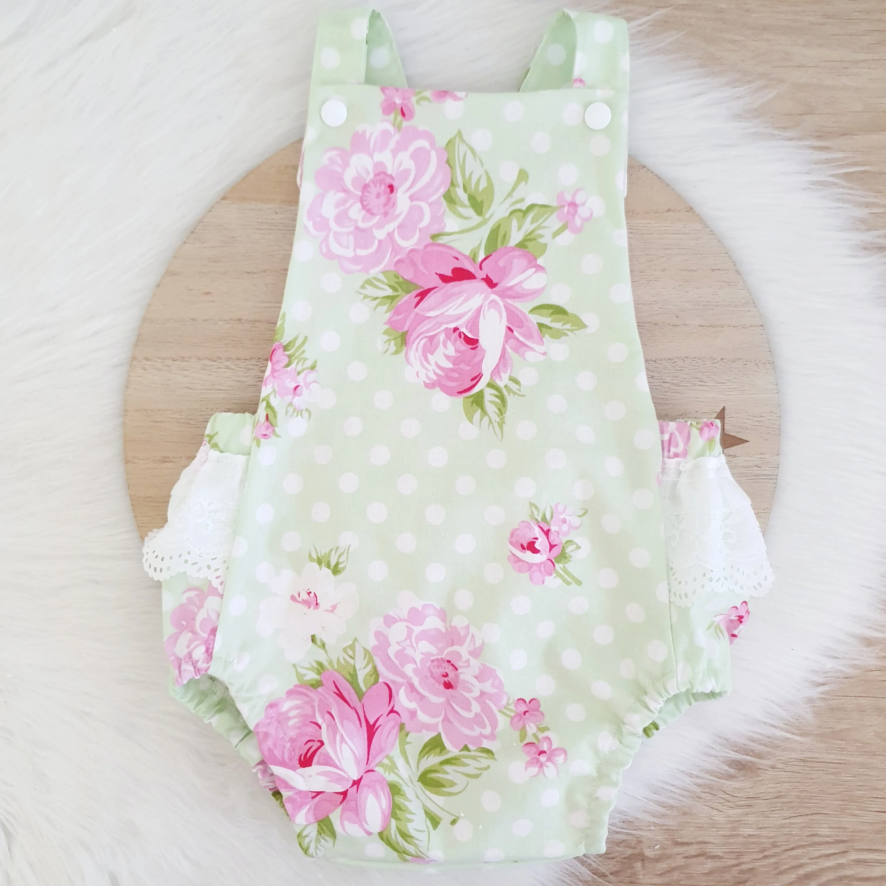 ROSEY GREEN Baby Romper with trim, Size 1
