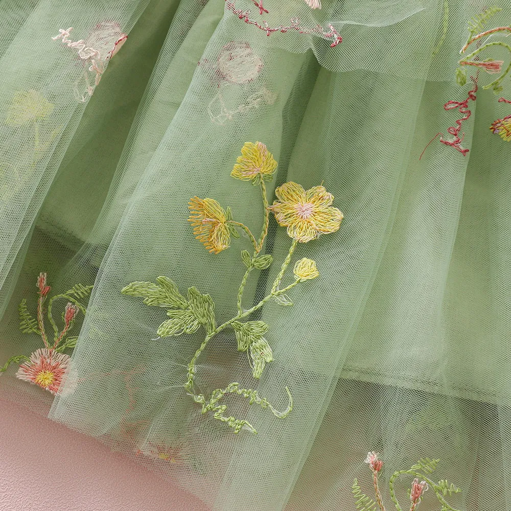 Sage Flower Girl Dresses or Junior Bridesmaid Outfit for Forest Wedding Party, Embroidered Tulle Gown